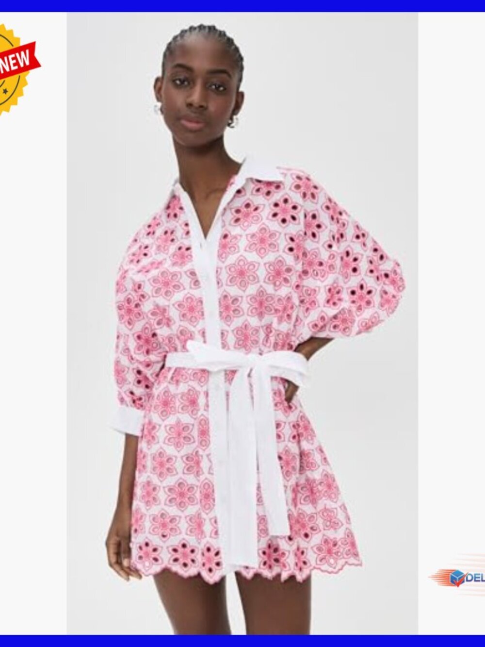 Floral Embroidered Mini Dress with Puff Sleeves and Slip - Picture 2 of 6